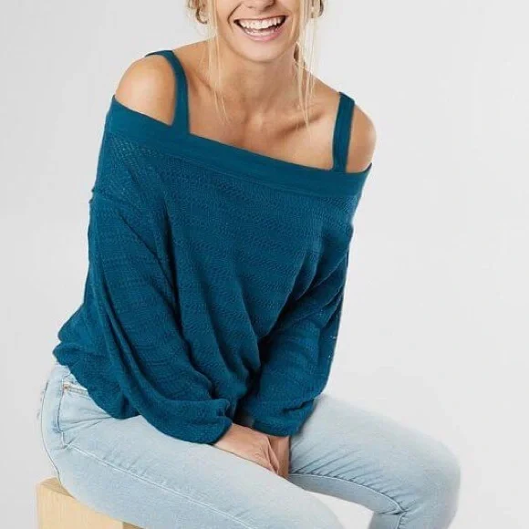 NWT Free People Sistine Cold Shoulders Hacci Sweater Top - Turquoise Size XS - Picture 5 of 10